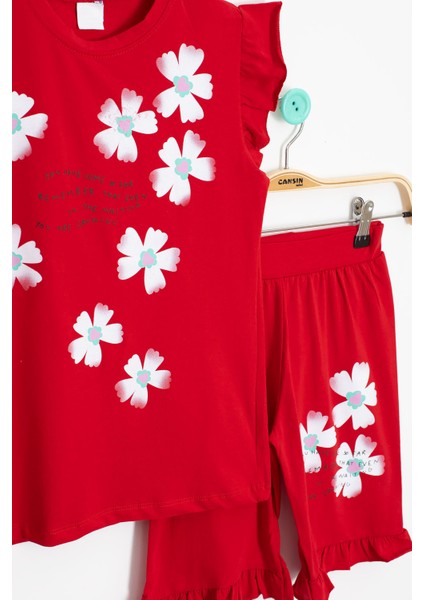 Kırmızı Çiçek Desenli Fırfır Detaylı Kız Çocuk Şortlu Takım 20600 fiyatları