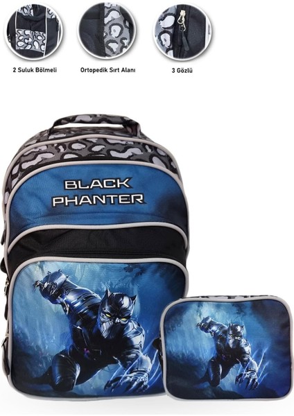 Pulo Black Panter Okul Çantası + Beslenme - Kara Panter Çanta Erkek Ilkokul Çantası