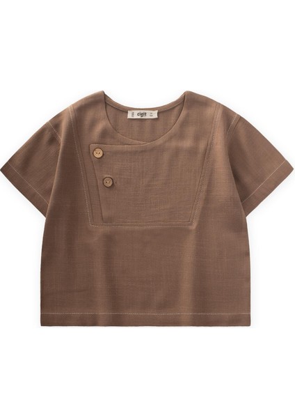 Kontrast Dikişli Keten Bluz 2-7 Yaş Caramel