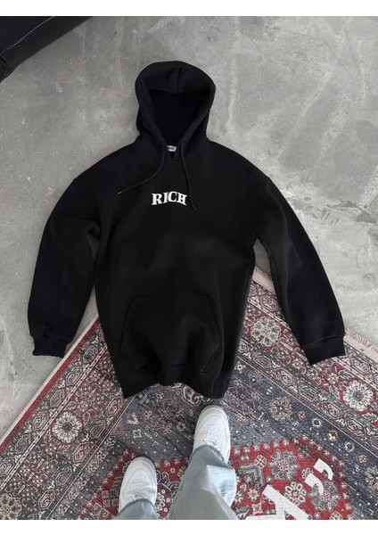 Uzun Kol Kapüşonlu Göğüs Baskılı Sweatshirt - Siyah