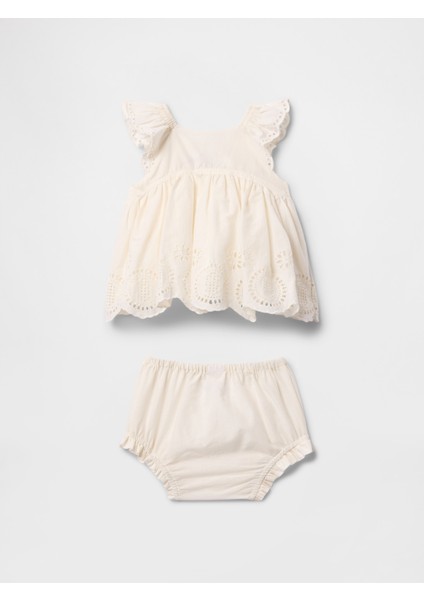 Bebek Kırık Beyaz Fırfırlı Işlemeli Outfit Set