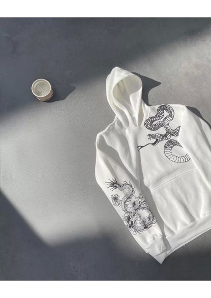 Uzun Kol Kapüşonlu Baskılı Sweatshirt - Beyaz