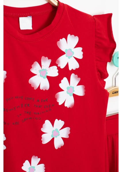 Kırmızı Çiçek Desenli Fırfır Detaylı Kız Çocuk Şortlu Takım 20600 modelleri
