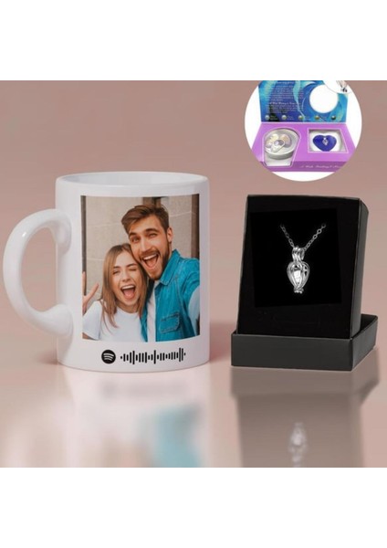 Kişiye Özel Fotoğraflı Bardak ve Istiridye Içinde Inci Kolye Hediye Seti