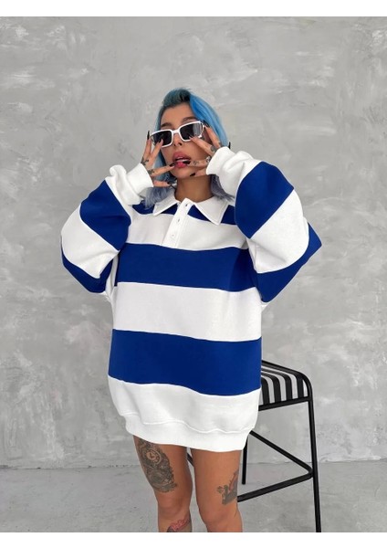 Üç Iplik Parçalı Yakalı Sweatshirt - Mavi