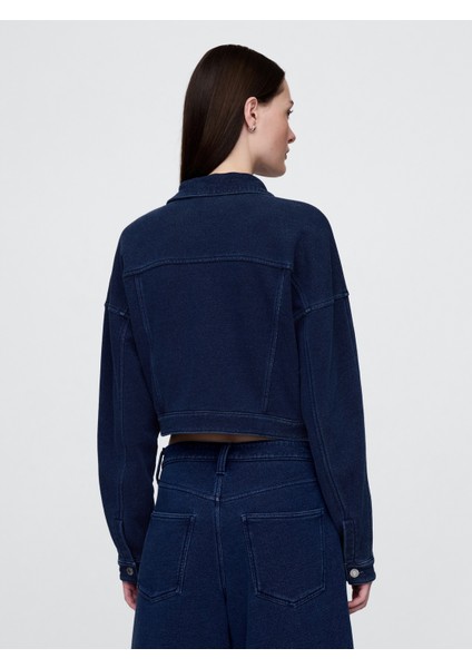 Kadın Koyu Mavi Fransız Havlu Kumaş Crop Icon Denim Ceket modelleri