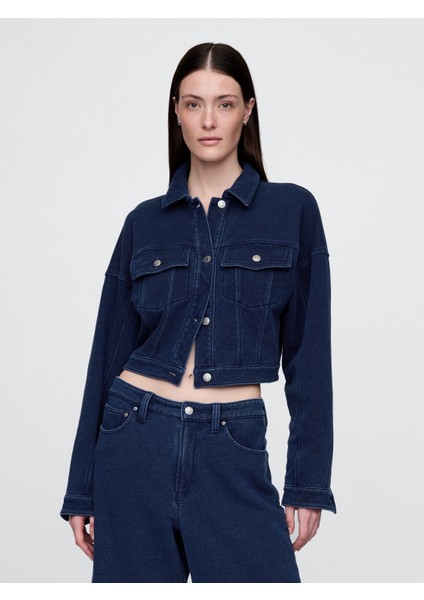 Kadın Koyu Mavi Fransız Havlu Kumaş Crop Icon Denim Ceket