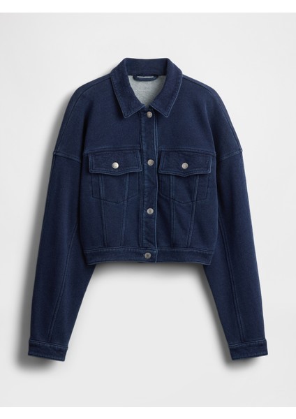 Kadın Koyu Mavi Fransız Havlu Kumaş Crop Icon Denim Ceket fiyatları