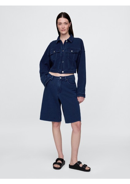 Kadın Koyu Mavi Fransız Havlu Kumaş Crop Icon Denim Ceket fırsatları