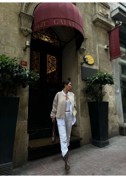 Kaşe Kaşmir Fermuarlı Ceket - Bej