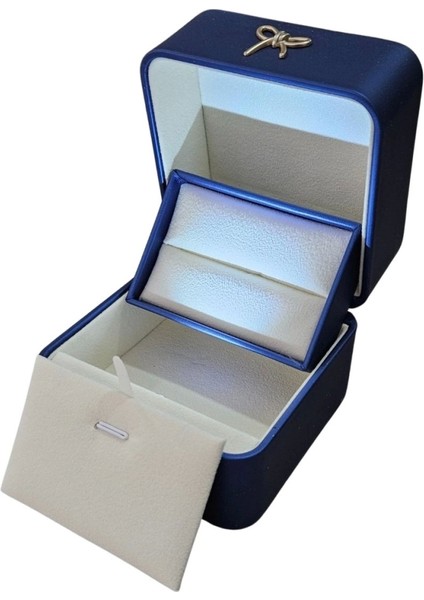 Işıklı Premium Deri Yüzük & Alyans ve Kolye Kutusu (Mavi)