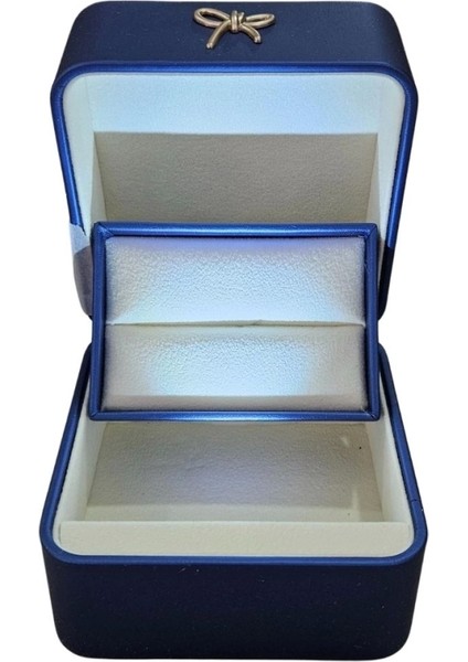 Işıklı Premium Deri Yüzük & Alyans ve Kolye Kutusu (Mavi)