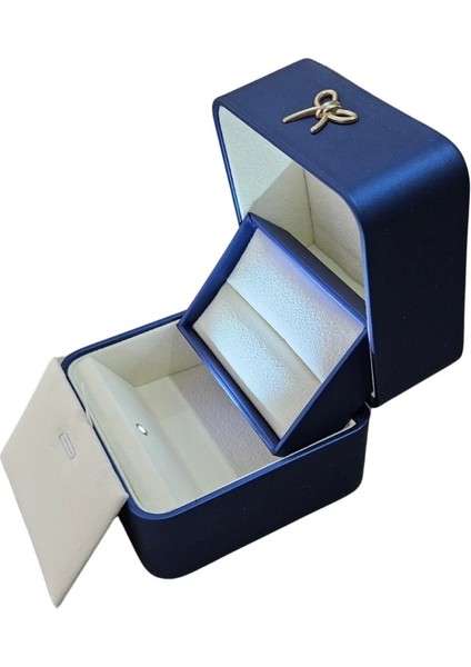 Işıklı Premium Deri Yüzük & Alyans ve Kolye Kutusu (Mavi)