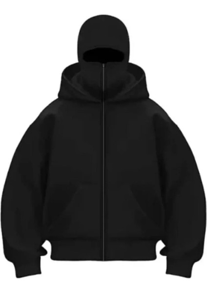 Samuray Zıp Fermuarlı Kapüşonlu Sweatshirt- Siyah