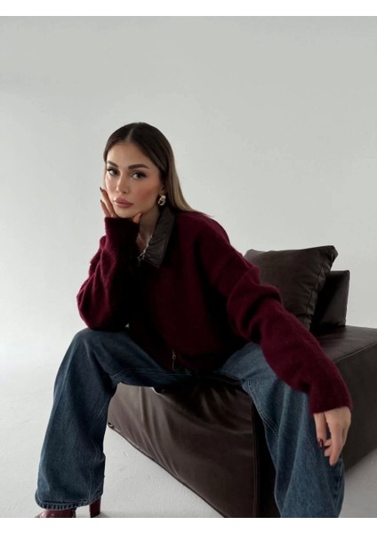 Deri Yakalı Pamuk Dokulu Çift Taraflı Çalışan Fermuar Ceket - Bordo