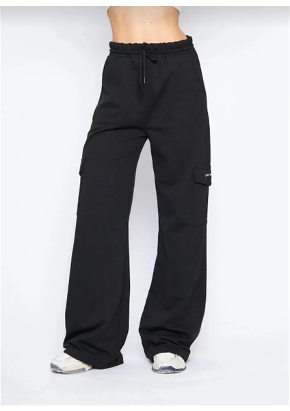 Kargo Cepli Palazzo Oversize Kesim Iki Iplik Bol Paça Eşofman Altı Pantalon - Siyah