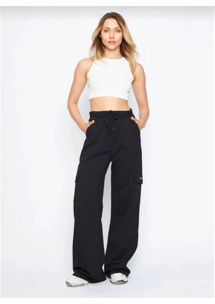 Kargo Cepli Palazzo Oversize Kesim Iki Iplik Bol Paça Eşofman Altı Pantalon - Siyah