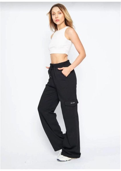 Kargo Cepli Palazzo Oversize Kesim Iki Iplik Bol Paça Eşofman Altı Pantalon - Siyah