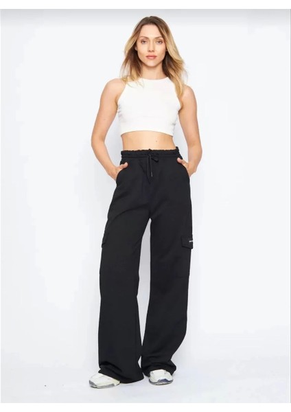 Kargo Cepli Palazzo Oversize Kesim Iki Iplik Bol Paça Eşofman Altı Pantalon - Siyah