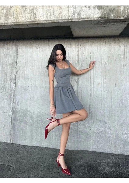 Kolsuz Mini Elbise- Gri