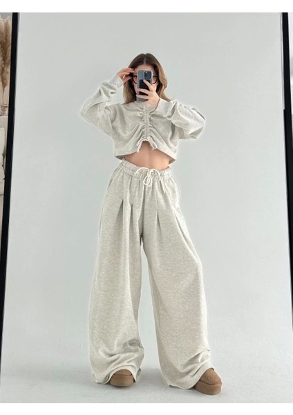 Uzun Kollu Önü Ip Büzgülü Crop ve Pantolon Ikili Takım - Gri