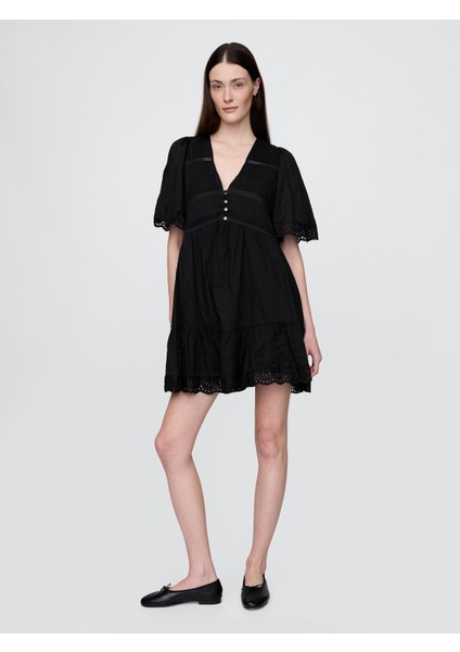 Kadın Siyah Eyelet Mini Elbise