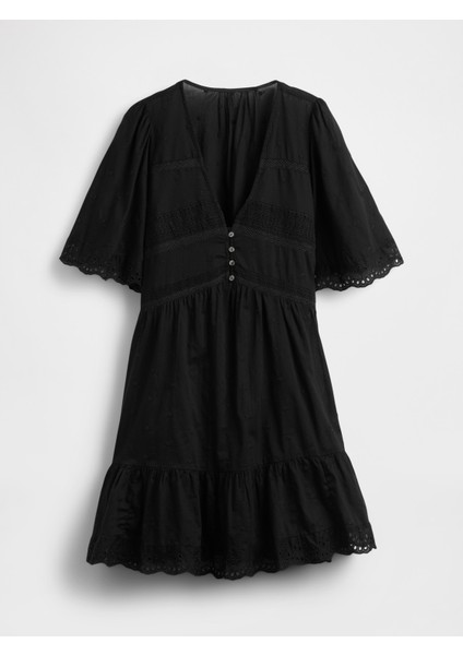 Kadın Siyah Eyelet Mini Elbise
