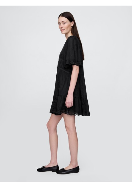 Kadın Siyah Eyelet Mini Elbise