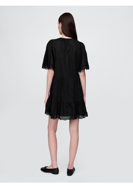 Kadın Siyah Eyelet Mini Elbise