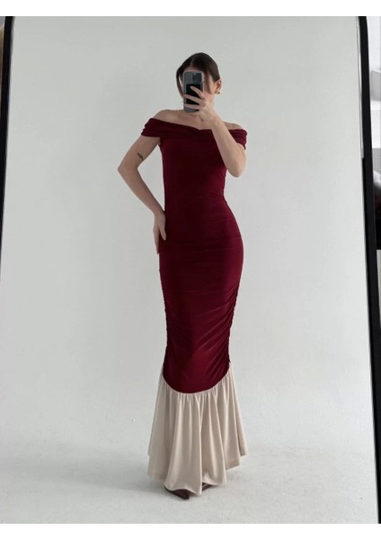 Striptiz Omuzlu Uzun Elbise- Bordo