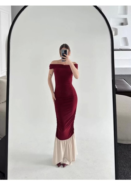 Striptiz Omuzlu Uzun Elbise- Bordo