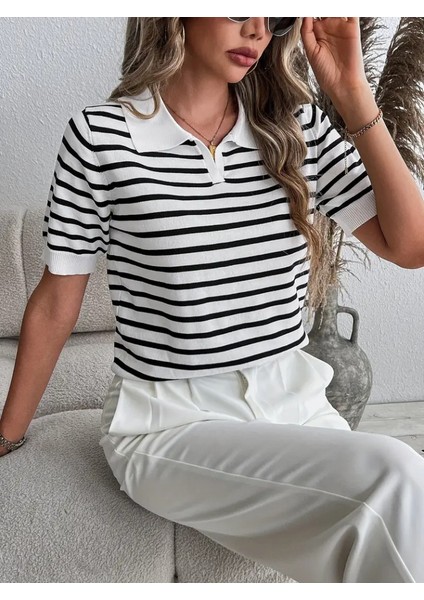 Kadın Kısa Kol Polo Yaka Çizgi Desen Triko Bluz fiyatları