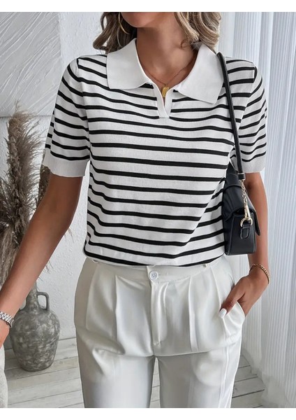 Kadın Kısa Kol Polo Yaka Çizgi Desen Triko Bluz modelleri
