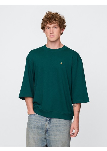 Erkek Koyu Yeşil Oversized Terry Bisiklet Yaka T-Shirt