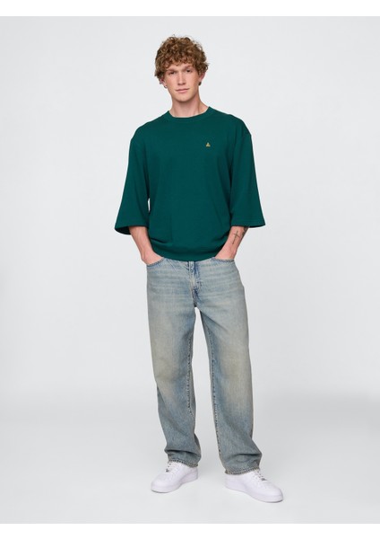 Erkek Koyu Yeşil Oversized Terry Bisiklet Yaka T-Shirt indirimleri