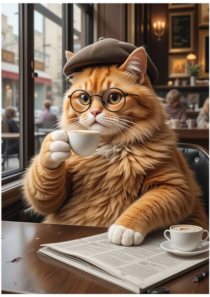 Kahve Içen Kedi Ahşap Tablo