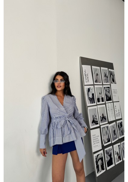 Çizgili Bağlama Detaylı Kruvaze Poplin Gömlek - Mavi