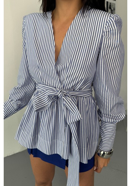 Çizgili Bağlama Detaylı Kruvaze Poplin Gömlek - Mavi modelleri