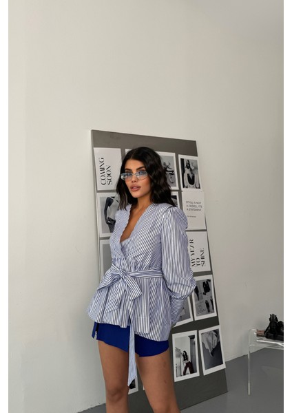 Çizgili Bağlama Detaylı Kruvaze Poplin Gömlek - Mavi fırsatları