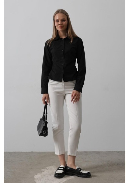 Yanları Büzgülü Çizgili Gömlek - Siyah