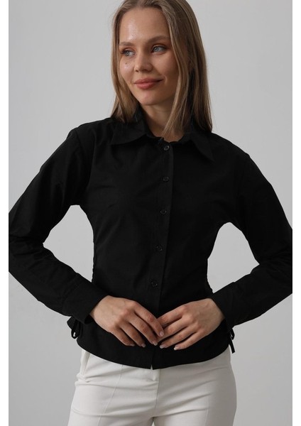 Yanları Büzgülü Çizgili Gömlek - Siyah modelleri