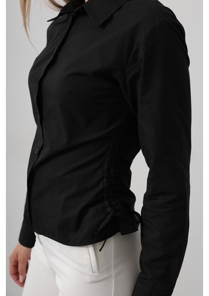 Yanları Büzgülü Çizgili Gömlek - Siyah fırsatları