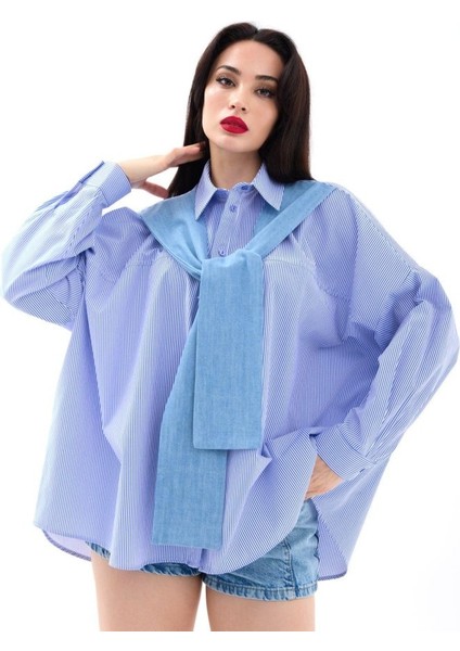 7074 Gömlek-Mavi Beyaz Çizgili