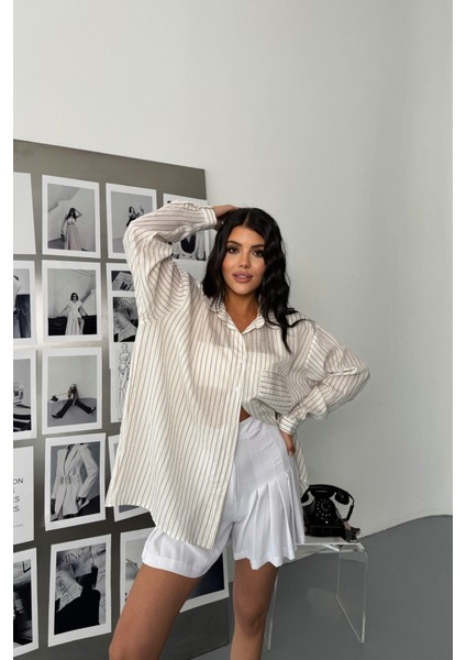 Simli Çizgili Vual Gömlek - Bej