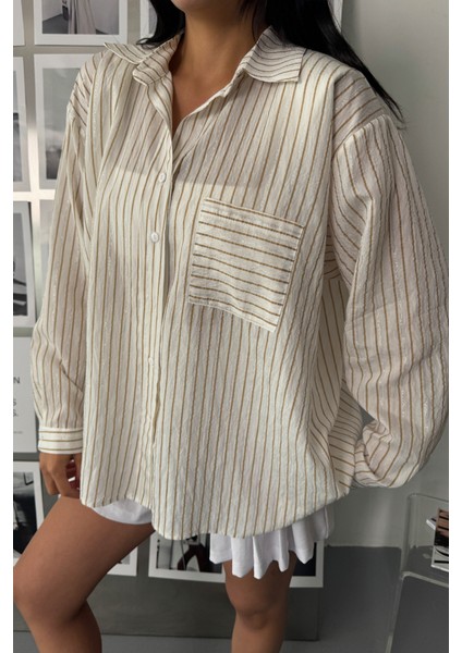Simli Çizgili Vual Gömlek - Bej fiyatları