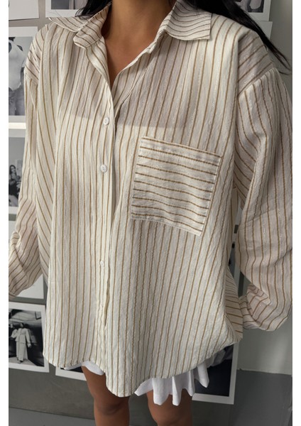 Simli Çizgili Vual Gömlek - Bej modelleri