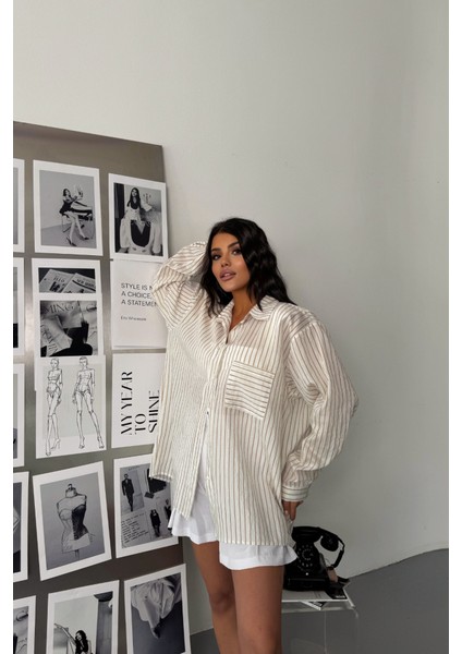 Simli Çizgili Vual Gömlek - Bej fırsatları