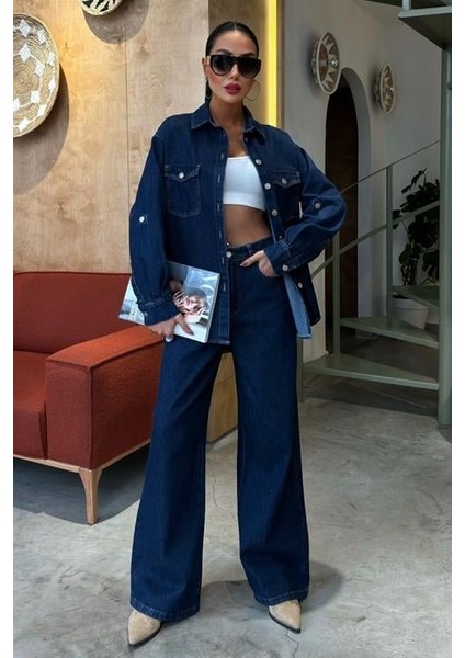 Gömlek ve Palazzo Pantolon Klasik Denim Takım 10070