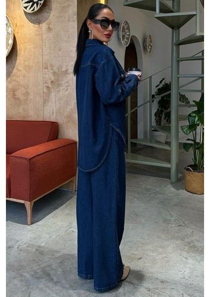Gömlek ve Palazzo Pantolon Klasik Denim Takım 10070 modelleri