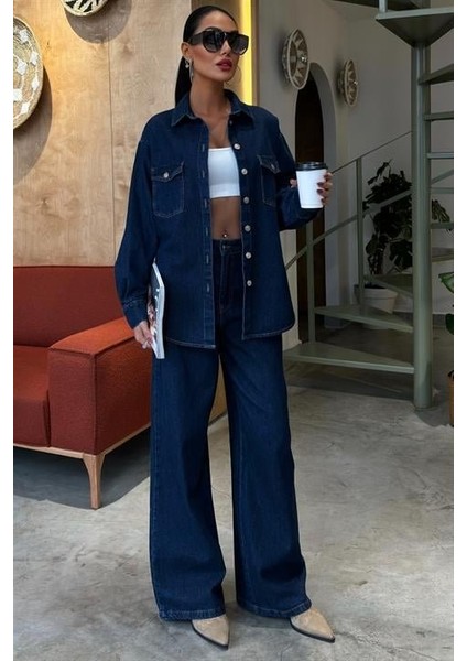Gömlek ve Palazzo Pantolon Klasik Denim Takım 10070 indirimleri
